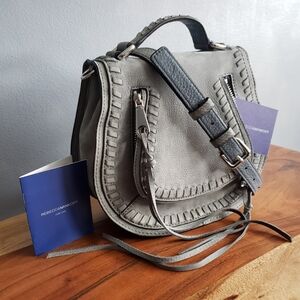 REBBECA MINKOFF SUEDE GREY SATCHEL, CROSSBODY HANDBAG, H,8" X L, 9.25" X  D, 3"
